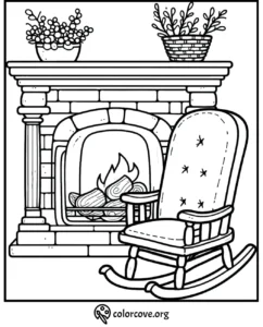 Cozy fireplace coloring page with rocking chair and potted plants. Perfect for relaxation-themed coloring activities.