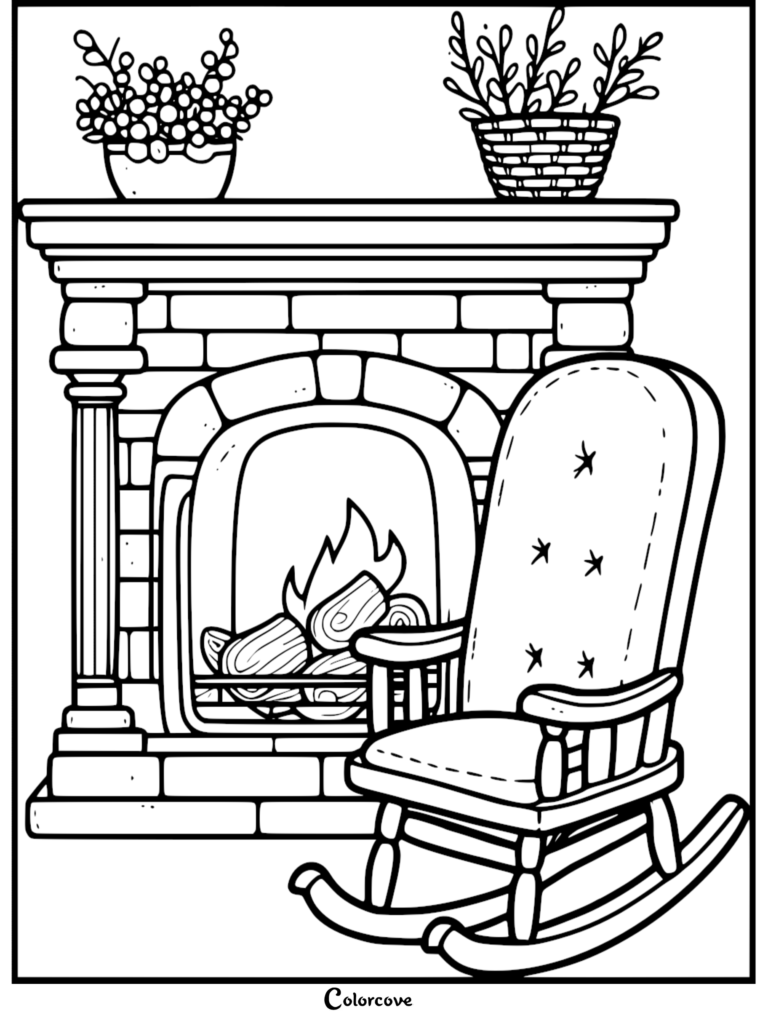 A printable coloring page featuring a brick fireplace with a crackling fire, a tufted rocking chair, and potted plants on the mantel.