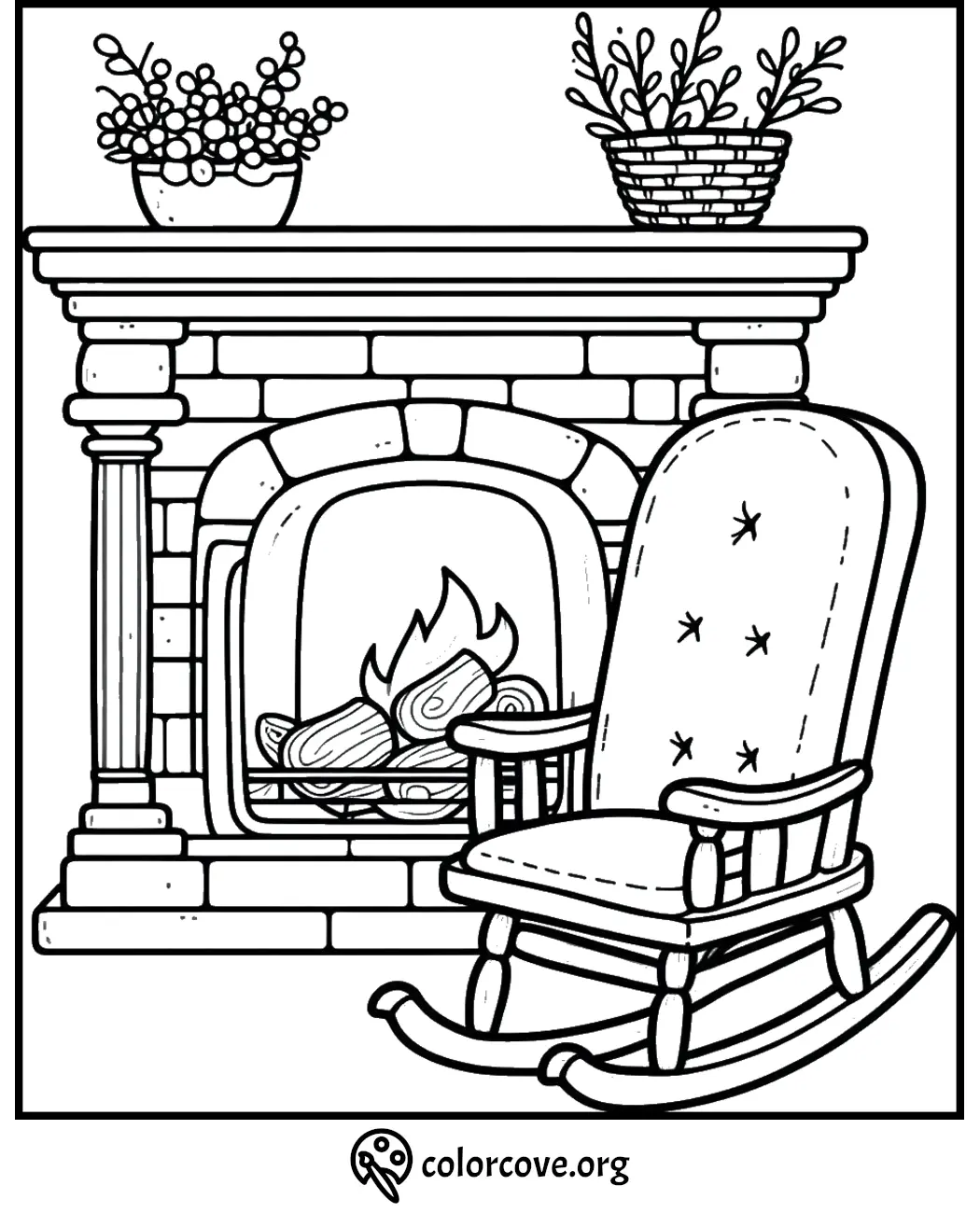 Cozy fireplace coloring page with rocking chair and potted plants. Perfect for relaxation-themed coloring activities.