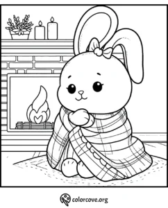 Cute bunny wrapped in a cozy blanket by the fireplace, perfect for a kids' coloring page.