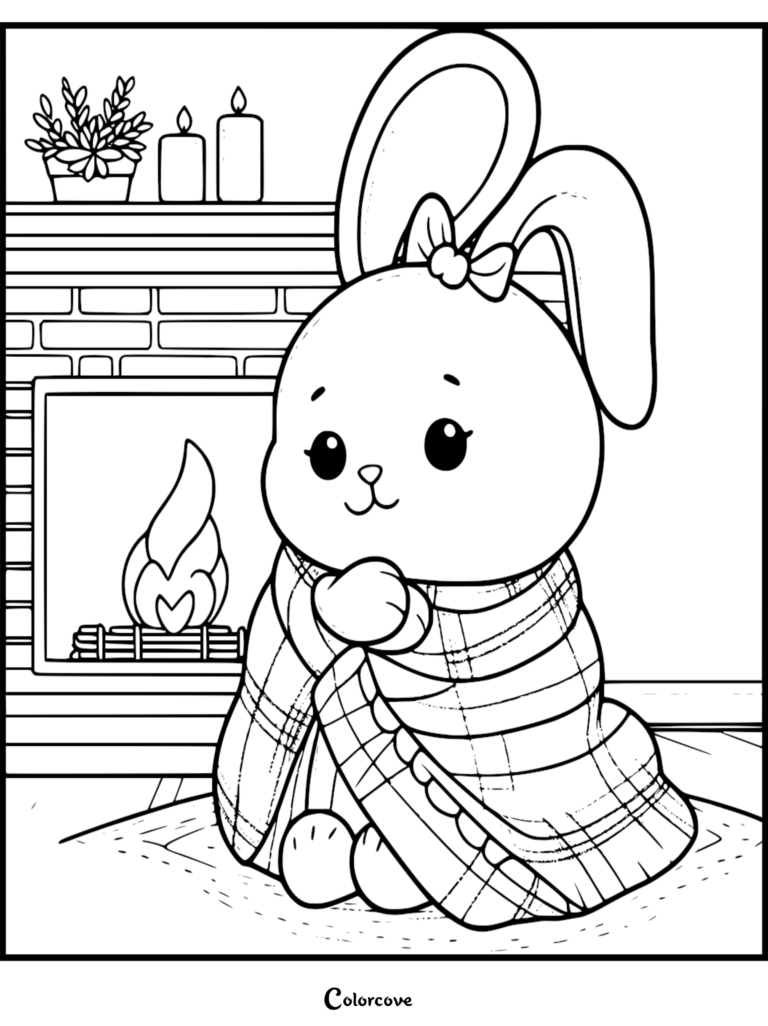 A cute rabbit with a bow, wrapped in a plaid blanket, sitting on a rug in front of a brick fireplace, a coloring page design.