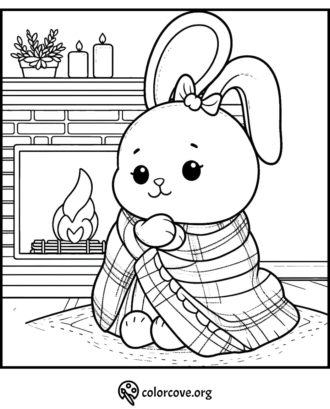 Cute bunny wrapped in a cozy blanket by the fireplace, perfect for a kids' coloring page.