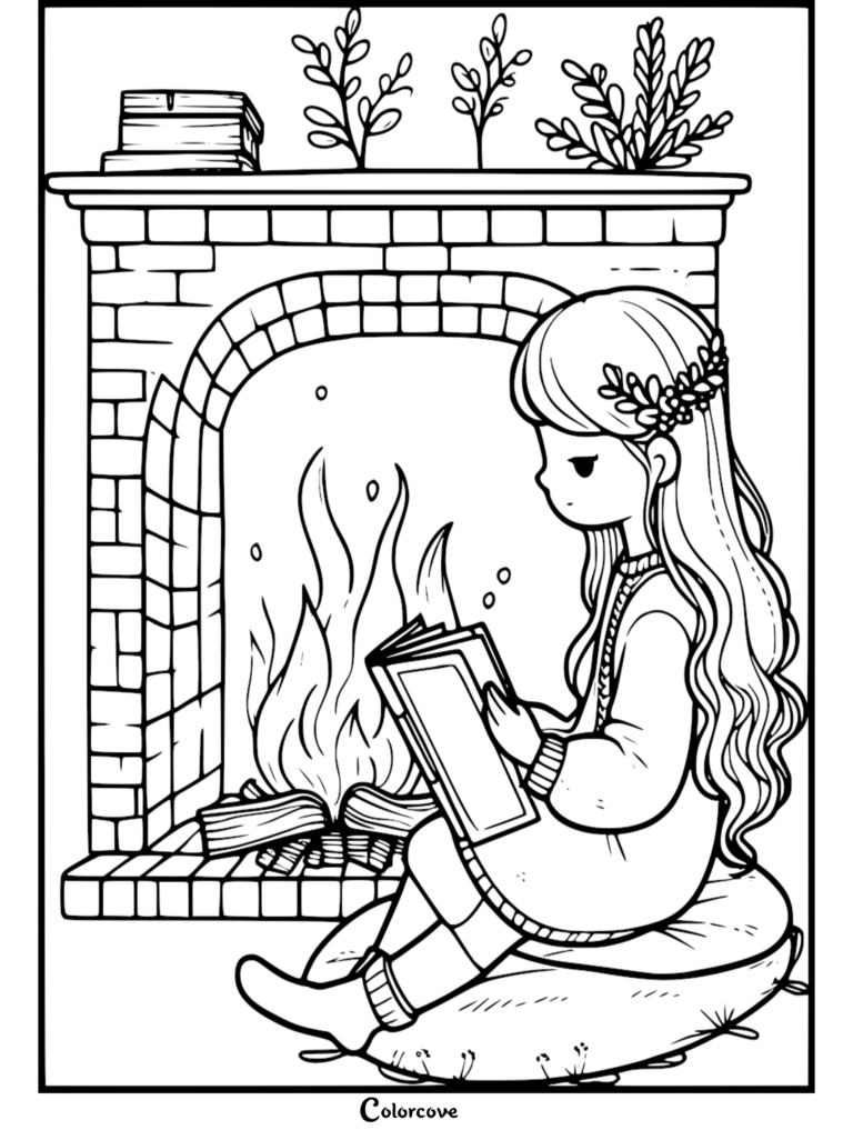 A whimsical line art coloring page of a girl with long wavy hair wearing a floral crown, sitting on a plush floor cushion reading an open book in front of a warm brick fireplace with stacked books on the mantel.