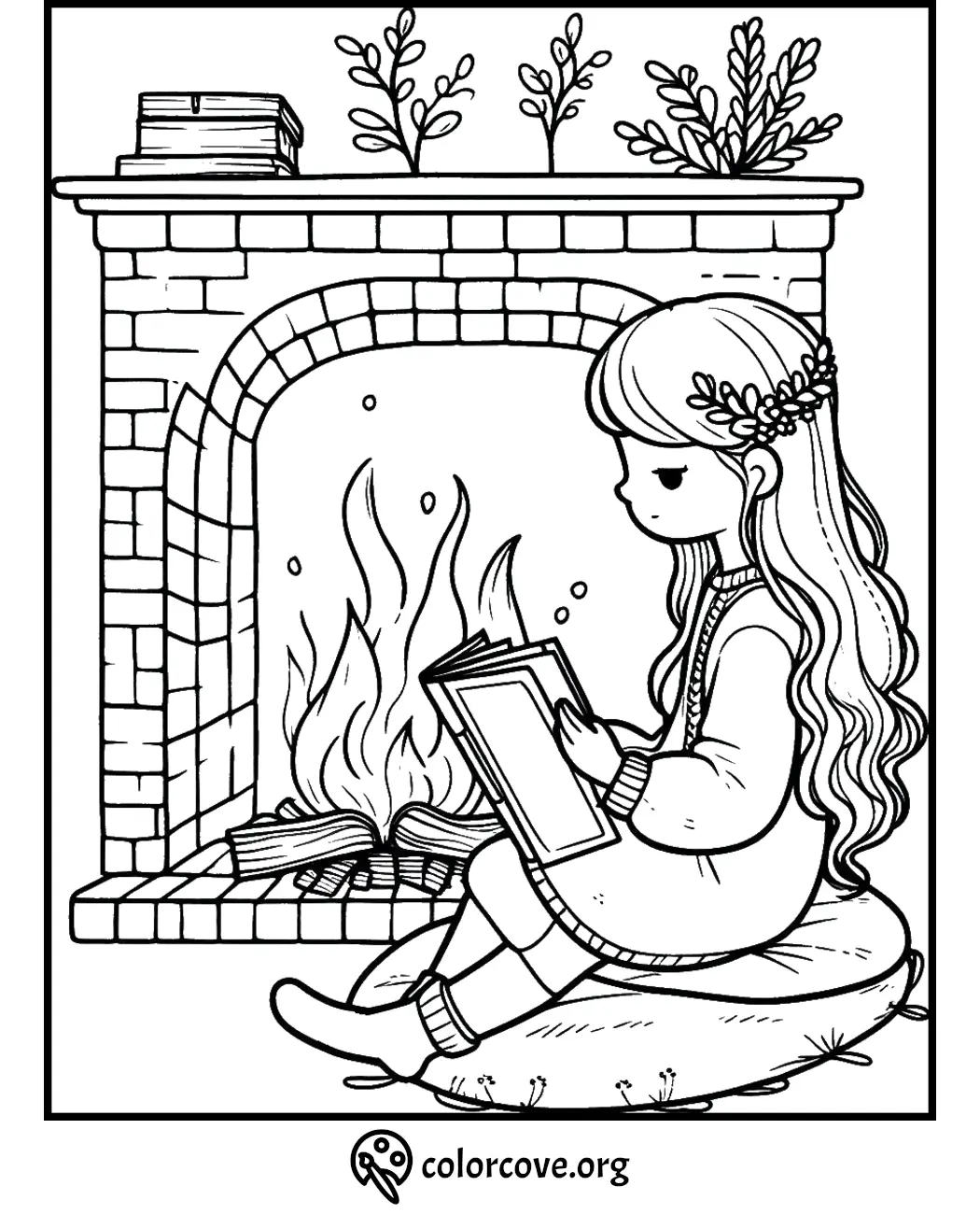 Girl reading by a cozy fireplace, surrounded by plants. Coloring page by colorcove.org.