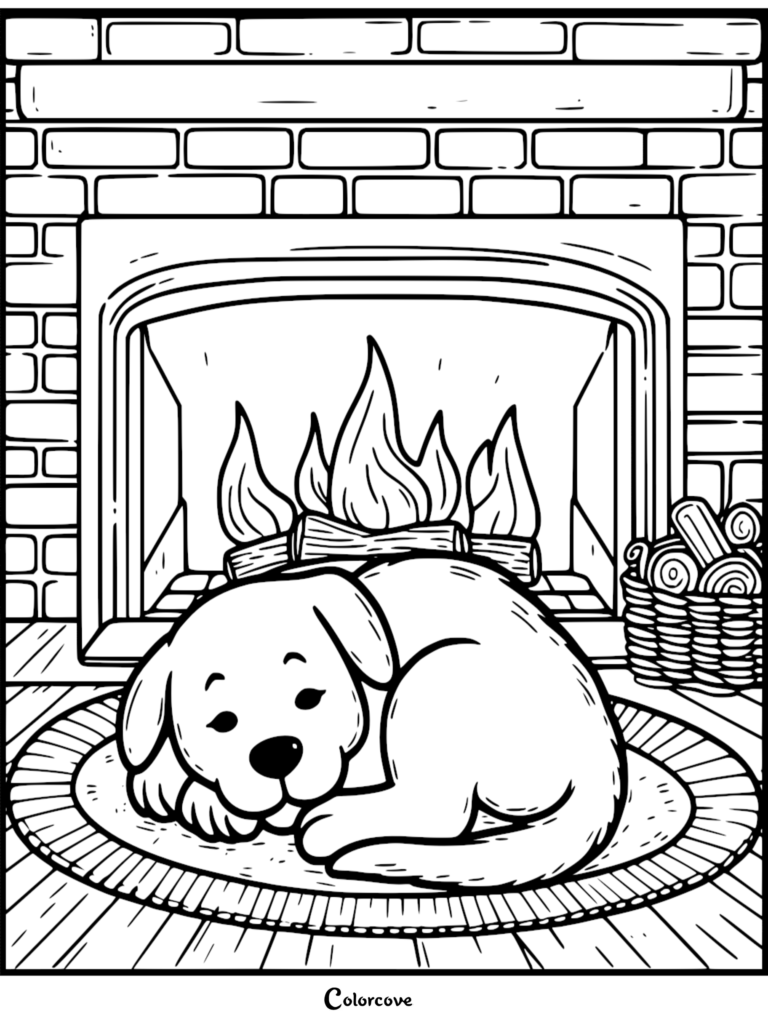 A sweet puppy sleeping on a round rug in front of a cozy brick fireplace coloring page.