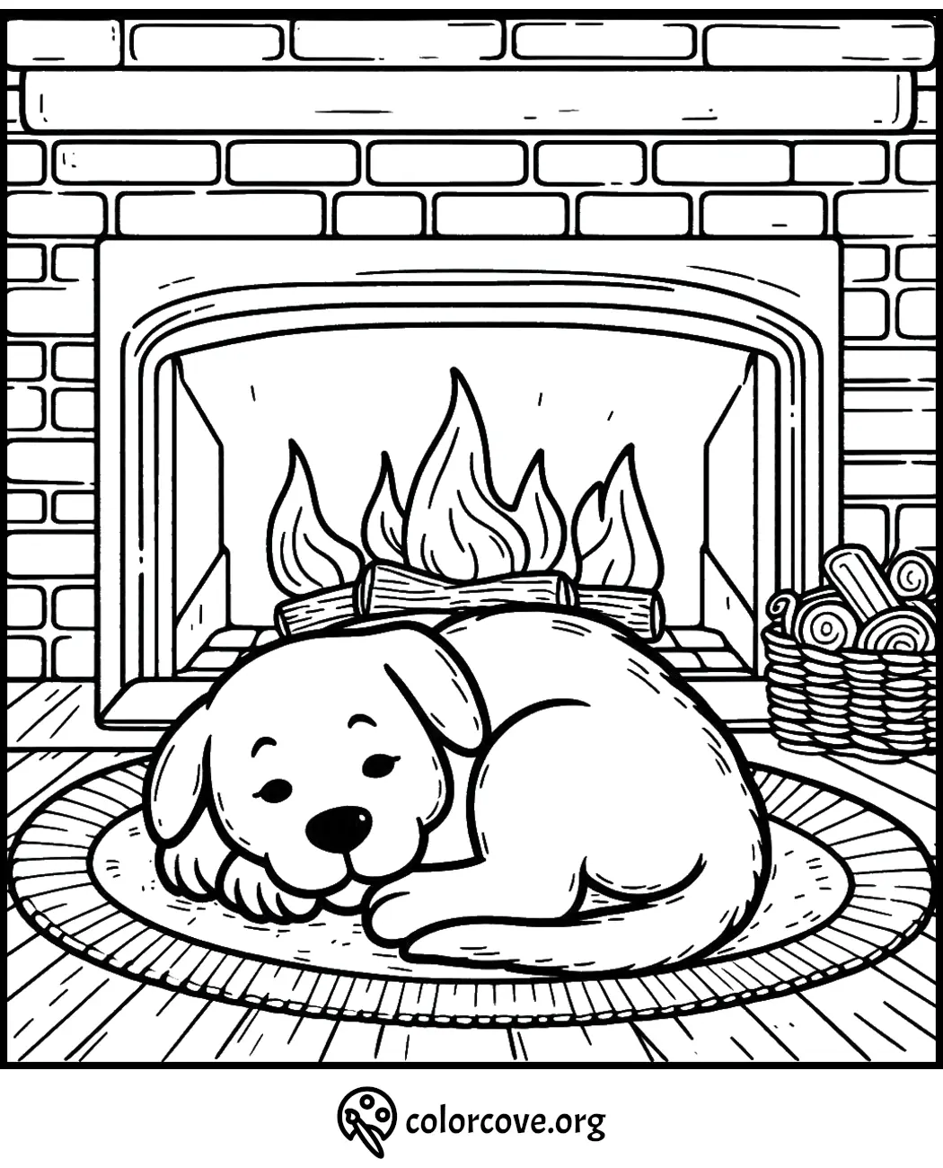 Cozy puppy by a warm fireplace, lying on a rug, coloring page for relaxation and creativity.