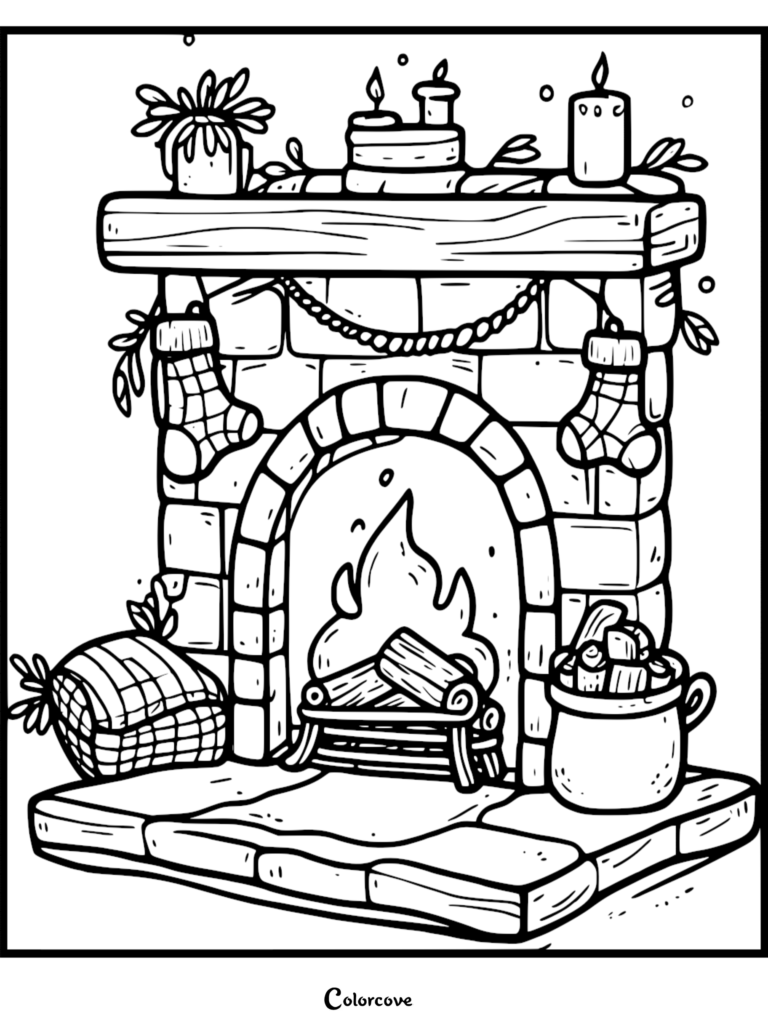 A printable coloring page featuring a brick fireplace with a wood mantel, hanging stockings, lit candles, a basket of logs, and a plaid blanket.