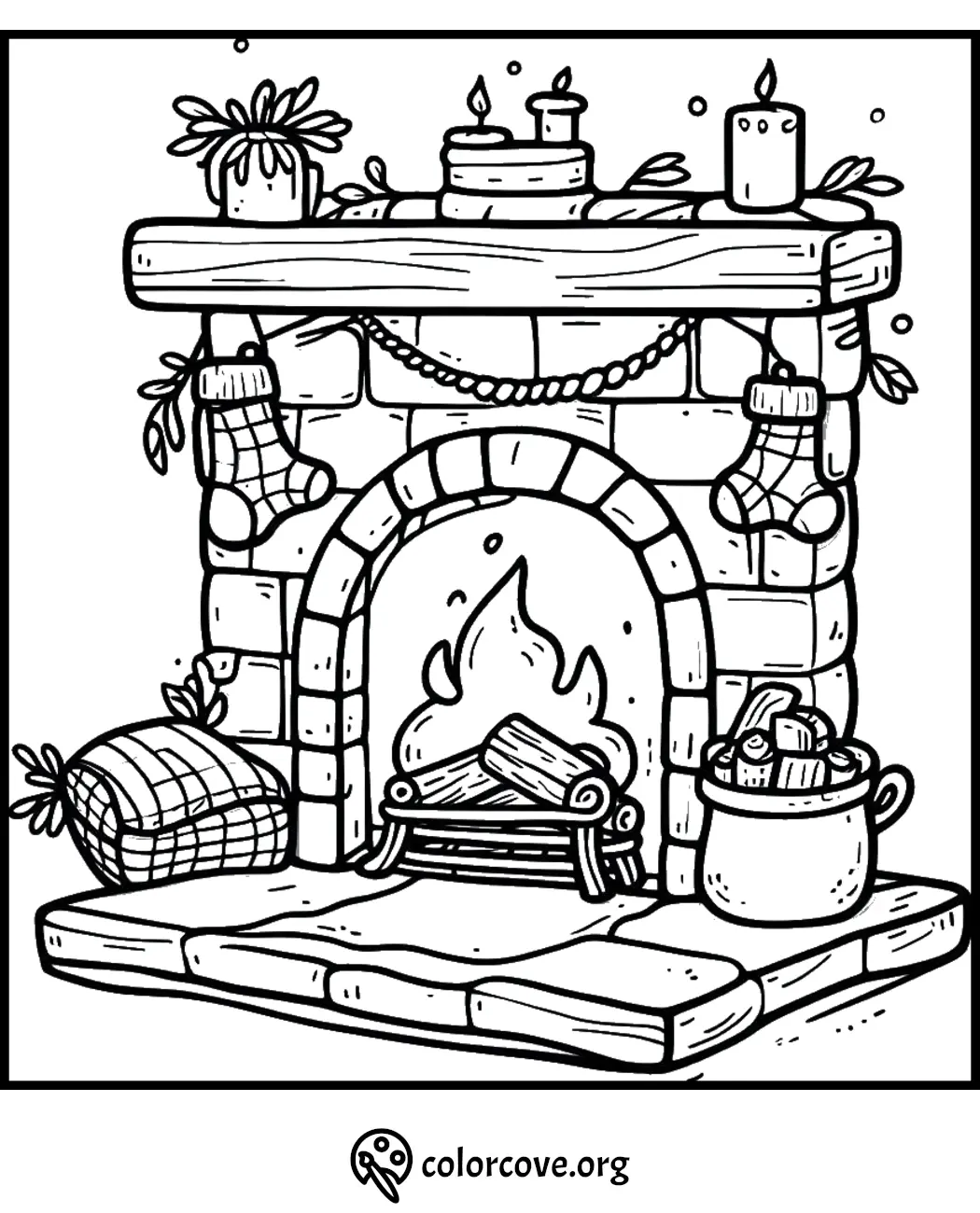 Cozy fireplace coloring page with stockings, candles, and logs. Perfect for winter and holiday coloring fun.