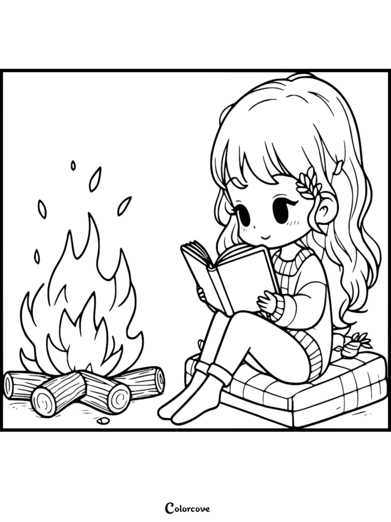 Chibi girl reading a book on a cushion near a crackling bonfire, line art coloring page.