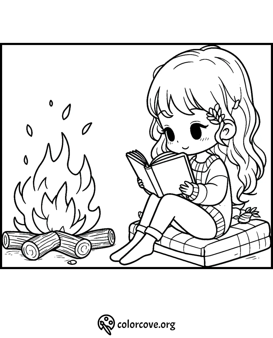 Girl reading by campfire coloring page, cozy outdoors scene.