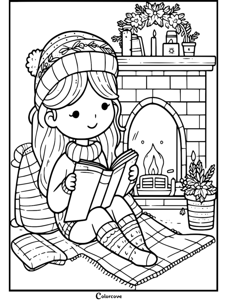 A girl in a pom-pom beanie and sweater reading a book on a plaid blanket in front of a stone fireplace, festive coloring page line art.