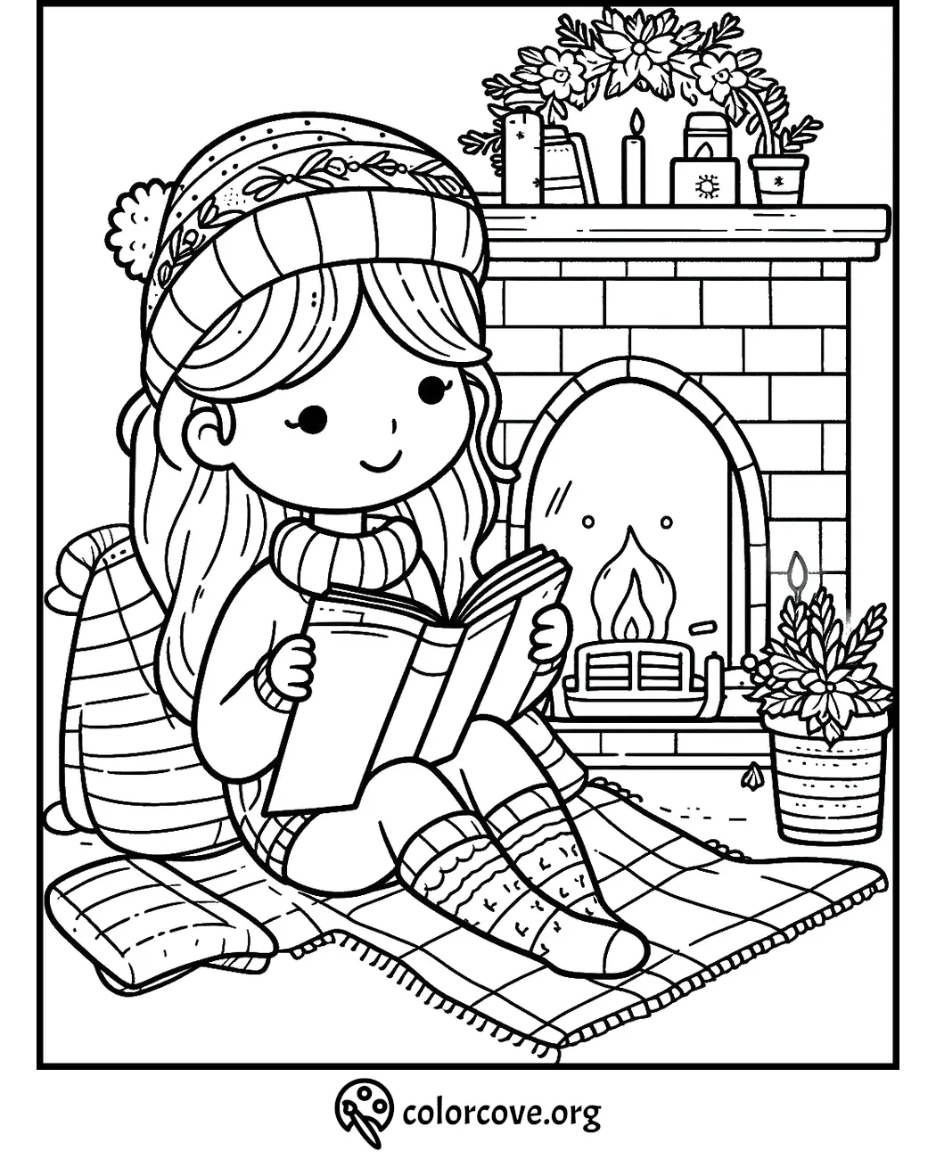 Cozy winter scene coloring page with girl reading by a fireplace.