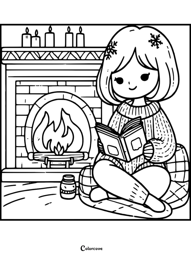 A cute chibi girl in a sweater reading a book by a cozy fireplace with candles on the mantle, printable coloring page.