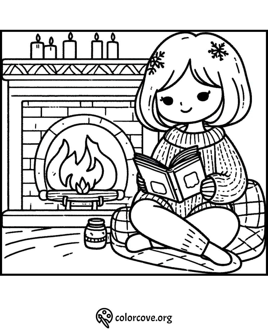 Cozy winter scene: person reading by fireplace with candles and hot drink, coloring page.