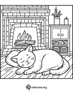 Cozy cat sleeping by a fireplace coloring page with plants and candle on the mantel. Perfect for relaxing coloring sessions.