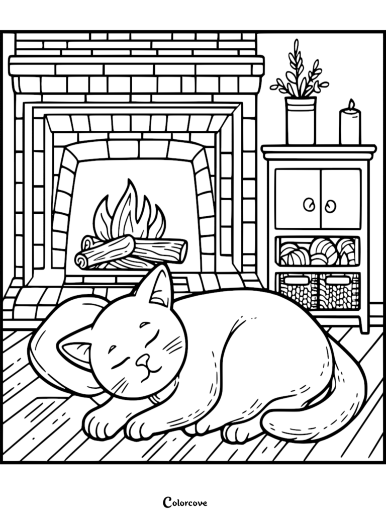 A printable coloring page featuring a contented cat sleeping on the floor in front of a warm stone fireplace with a cabinet of yarn baskets nearby.