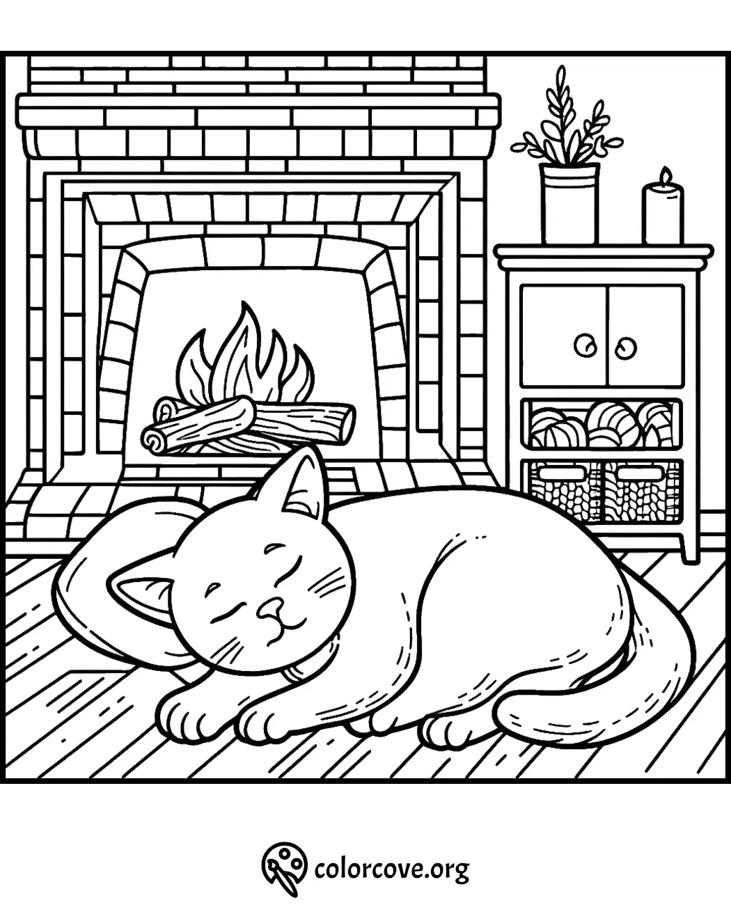 Cozy cat sleeping by a fireplace coloring page with plants and candle on the mantel. Perfect for relaxing coloring sessions.