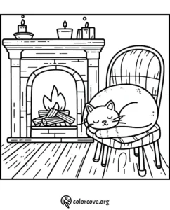 Cozy coloring page with a cat sleeping on a chair by a fireplace. Perfect for relaxation and creativity.