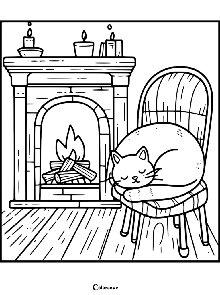 A cute cartoon cat curled up on a wooden chair next to a crackling stone fireplace with three candles on the mantel, black and white coloring page.