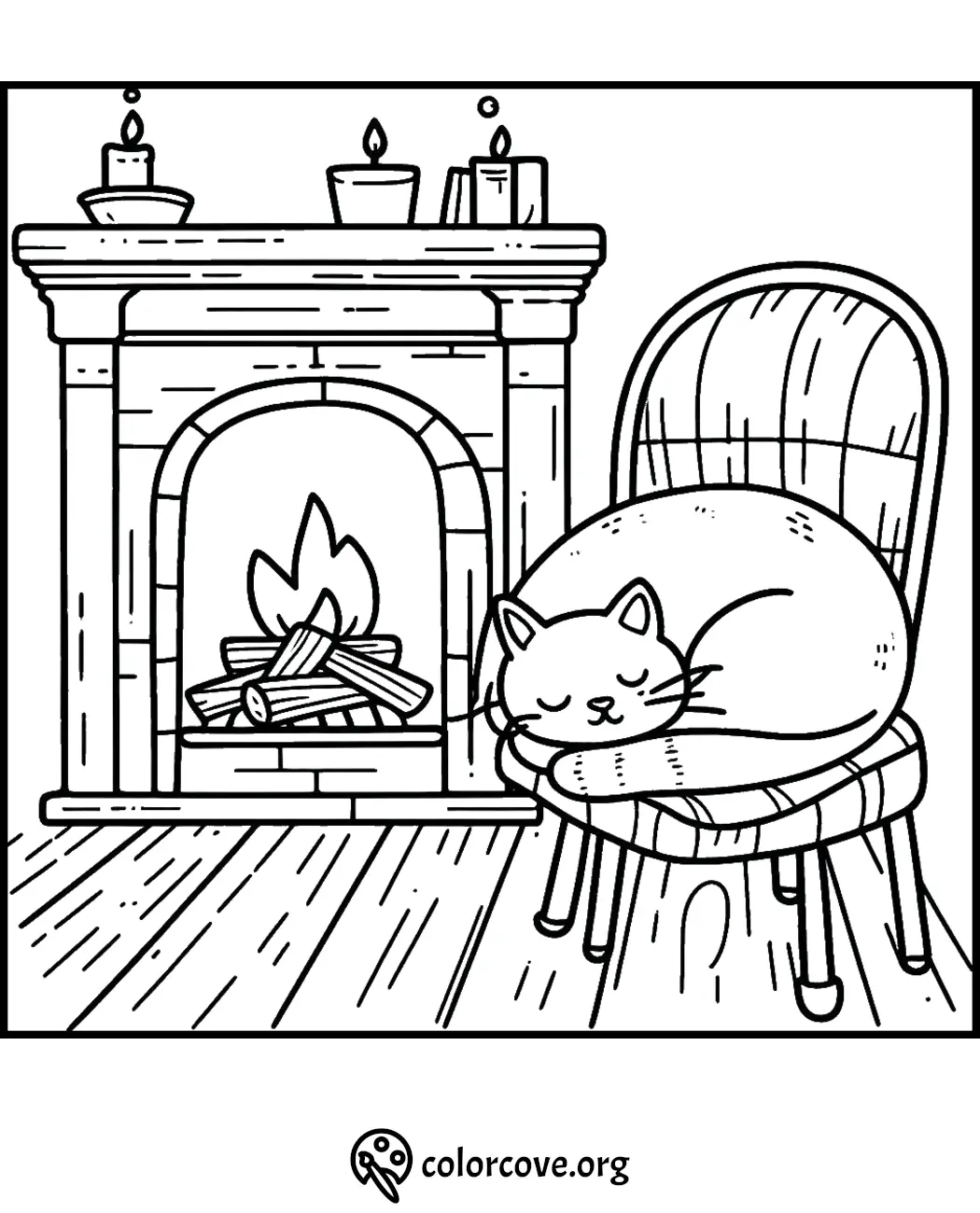 Cozy coloring page with a cat sleeping on a chair by a fireplace. Perfect for relaxation and creativity.