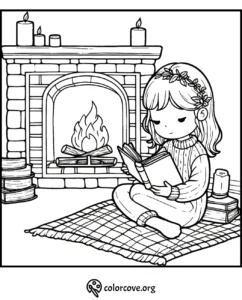 Girl reading by the fireplace coloring page with cozy candles and books. Perfect for a relaxing coloring activity.