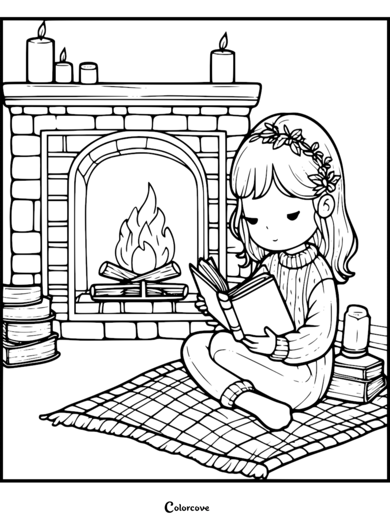 A cute girl wearing a floral crown and cable knit sweater reading a book on a plaid rug in front of a brick fireplace, black and white coloring page.