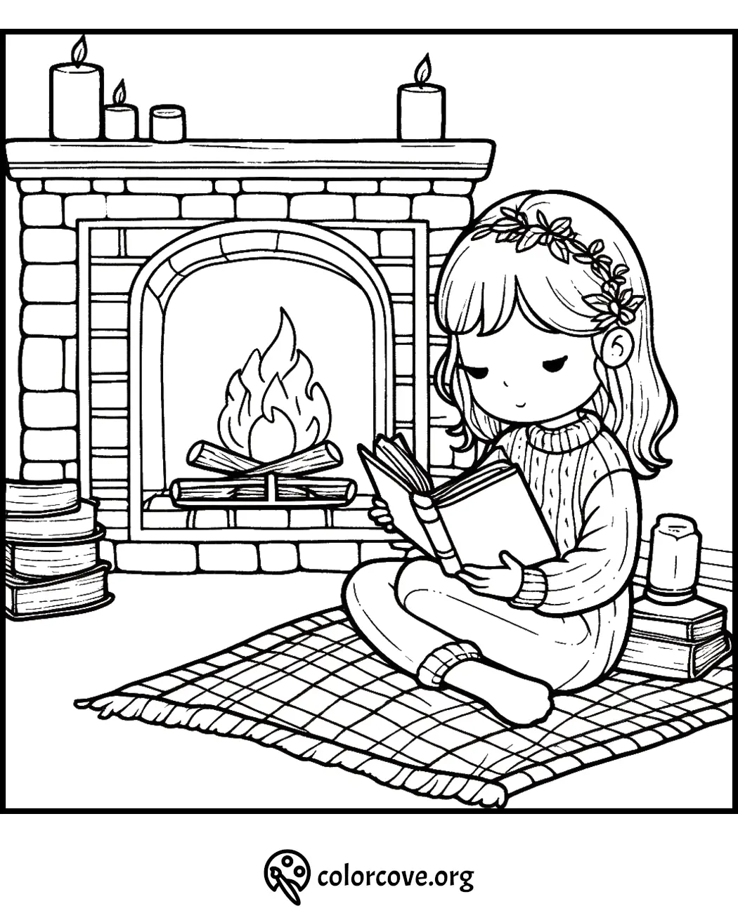 Girl reading by the fireplace coloring page with cozy candles and books. Perfect for a relaxing coloring activity.