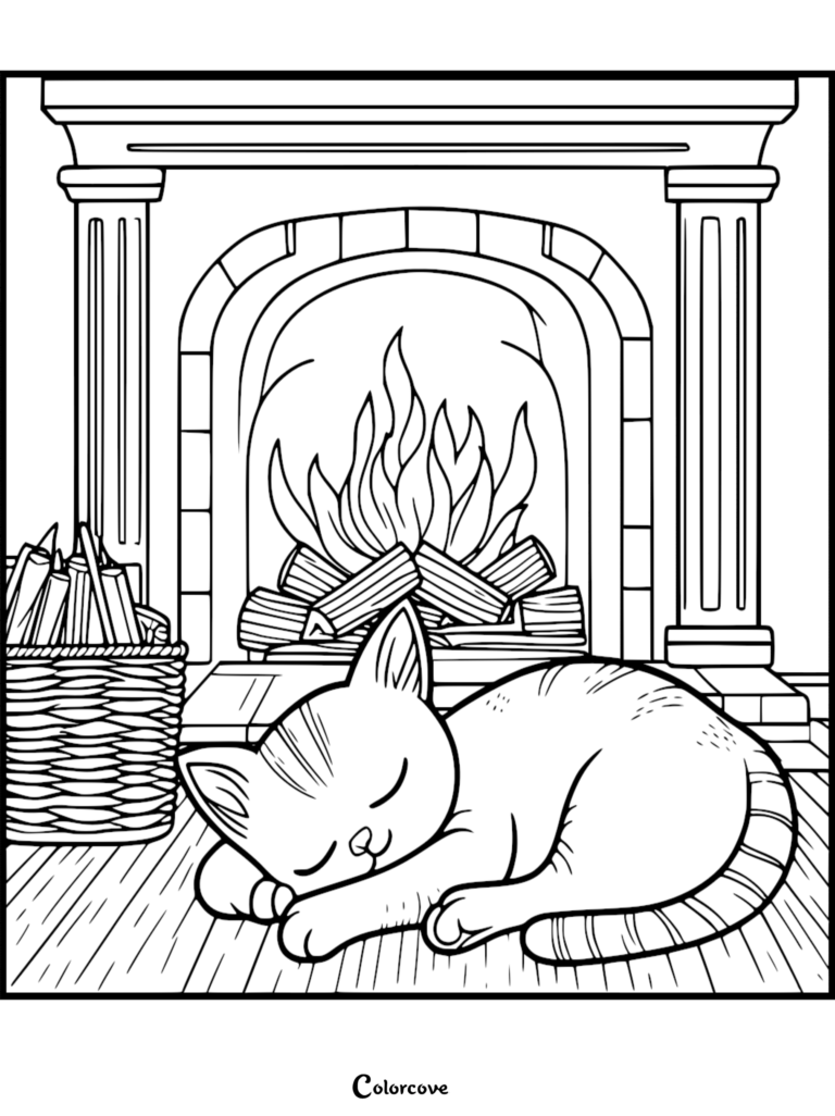 A striped kitten sleeping peacefully on a wooden floor in front of a roaring fireplace with a wicker basket of firewood nearby, line art coloring page.