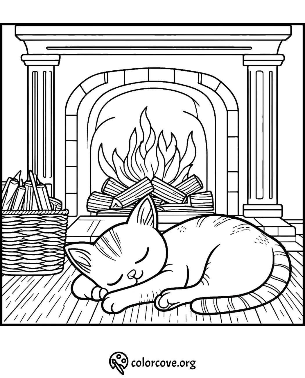 Cozy cat sleeping by a crackling fireplace coloring page with firewood basket.