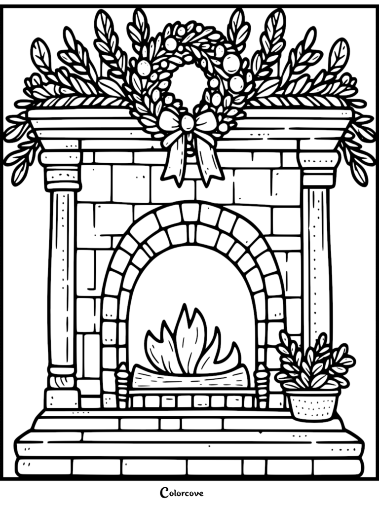 A printable coloring page featuring a brick fireplace with a large holly wreath, bow, and a roaring log fire.