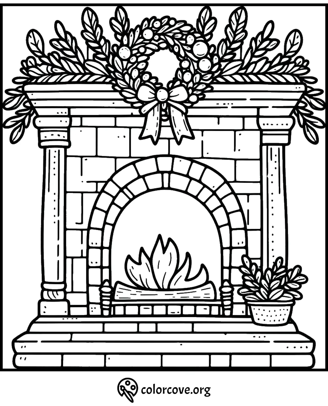 Cozy fireplace coloring page with wreath and plant, perfect for holiday-themed activities and relaxation.