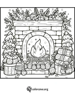 Cozy fireplace coloring page with logs, plants, and festive decor - perfect for relaxing coloring activities.