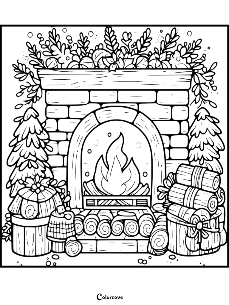 A festive brick fireplace coloring page featuring a roaring fire, stacks of firewood, two small pine trees, and a mantle decorated with winter greenery.