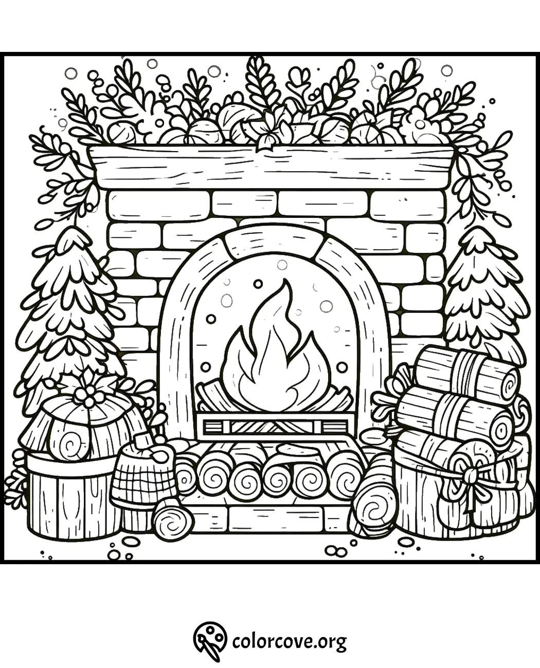 Cozy fireplace coloring page with logs, plants, and festive decor - perfect for relaxing coloring activities.