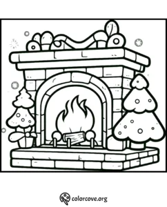 Coloring page of a cozy holiday fireplace with decorations and two Christmas trees.