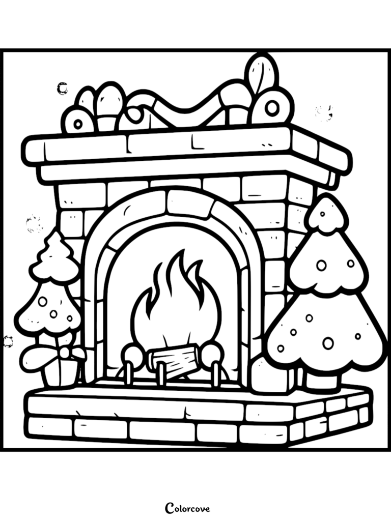 A festive stone fireplace coloring page featuring a roaring log fire, decorated with holiday mantel ornaments and flanked by two small Christmas trees.