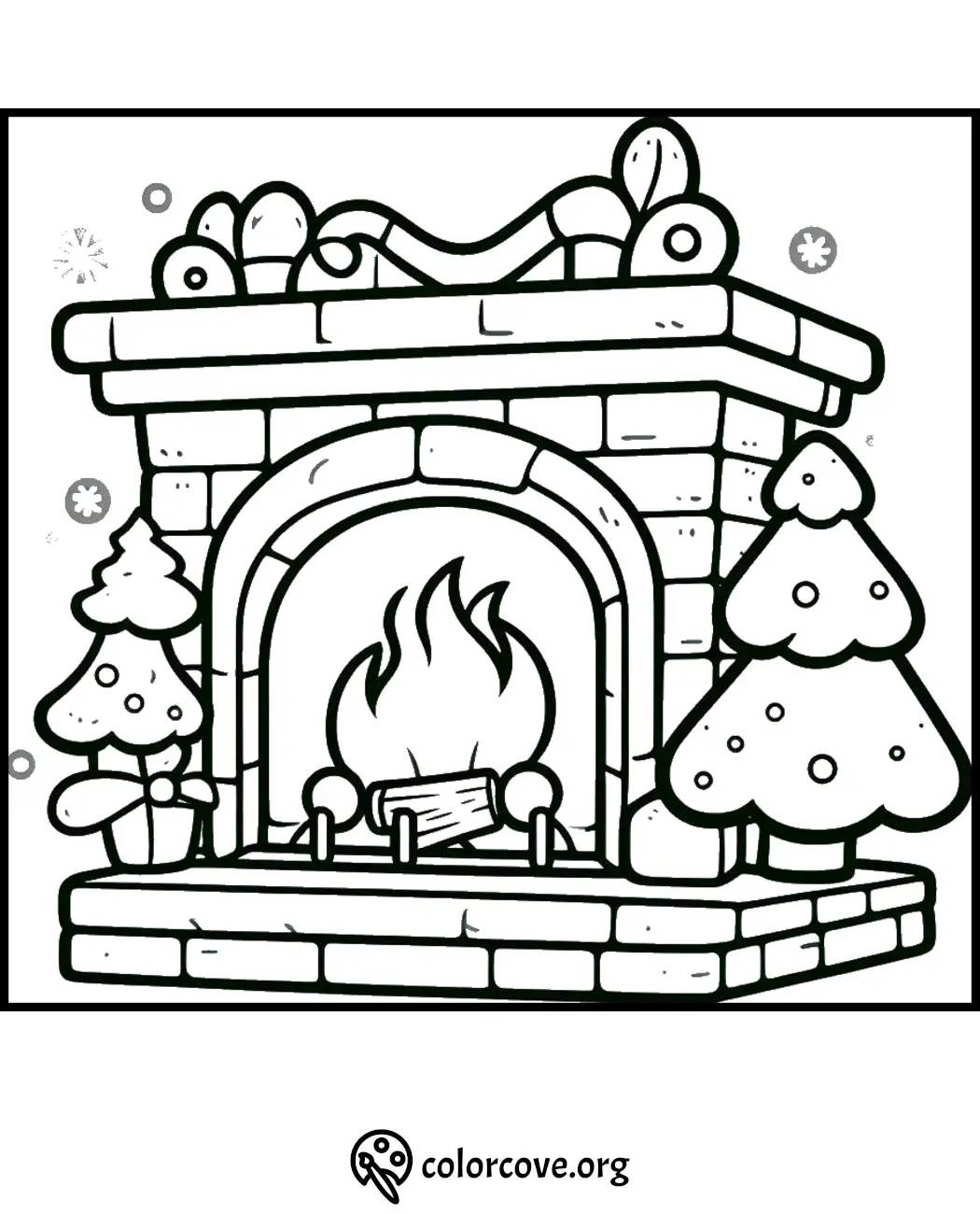 Coloring page of a cozy holiday fireplace with decorations and two Christmas trees.