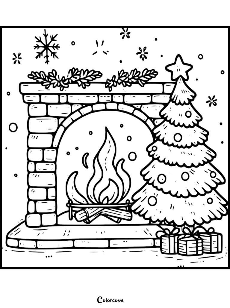 A printable coloring page featuring a brick fireplace with a roaring fire, next to a decorated Christmas tree with presents and falling snowflakes.