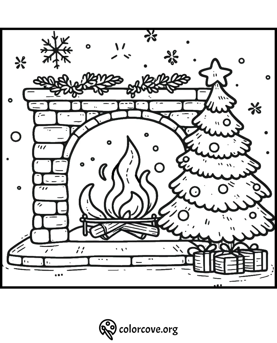 Christmas fireplace coloring page with a decorated tree and gifts, perfect for holiday coloring fun.