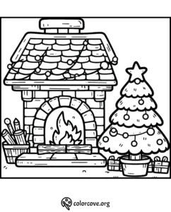 Cozy Christmas fireplace scene with a decorated tree and gifts, perfect for holiday coloring fun.