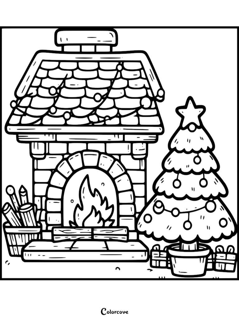 A printable coloring page featuring a cozy brick fireplace with a roaring flame, a bucket of firewood logs, and a decorated Christmas tree with gifts underneath.