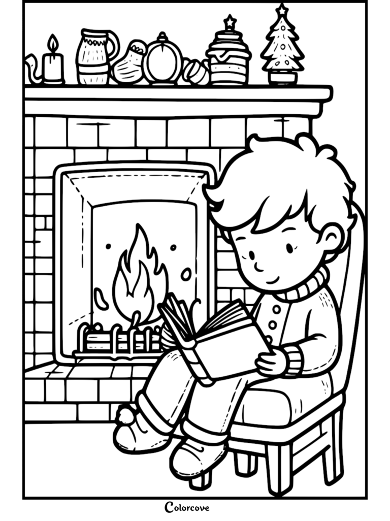A young boy in a knitted sweater sitting on a chair reading a book in front of a brick fireplace, illustrated as a printable coloring page with festive mantle decor like a mini tree and candle.