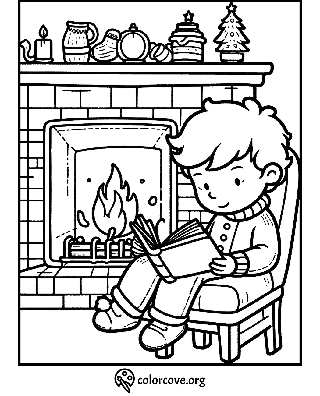 Child reading by a cozy fireplace, surrounded by holiday decor, on a coloring page from colorcove.org.