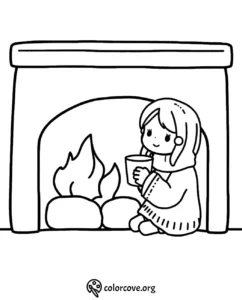Child by fireplace with cup, cozy winter scene coloring page.