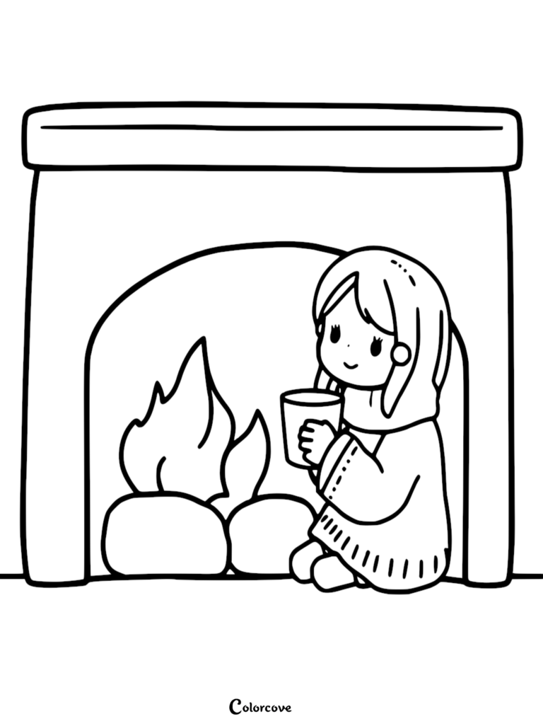 A cute chibi girl wearing a cozy sweater sitting on the floor holding a warm mug in front of a flickering fireplace coloring page.