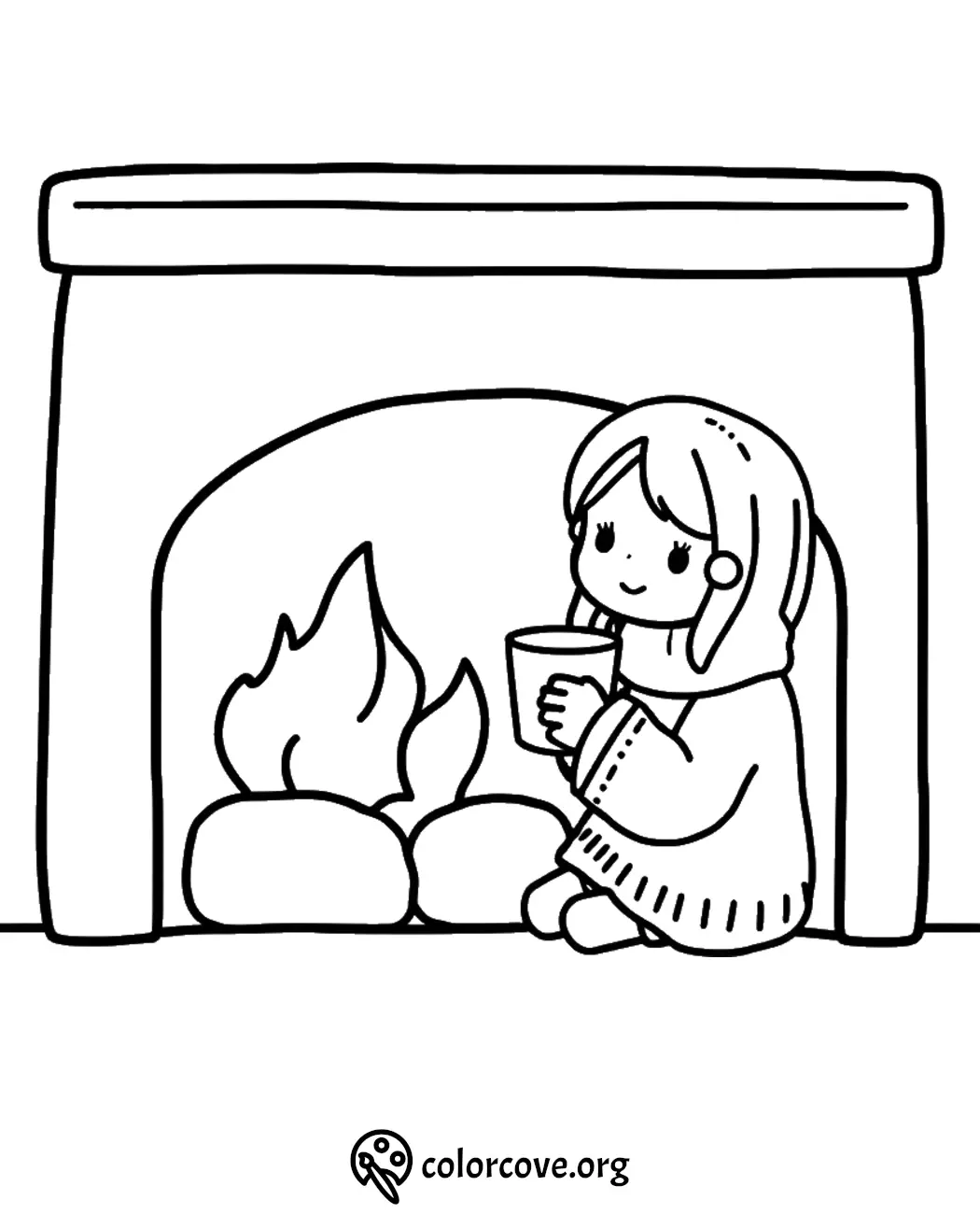 Child by fireplace with cup, cozy winter scene coloring page.