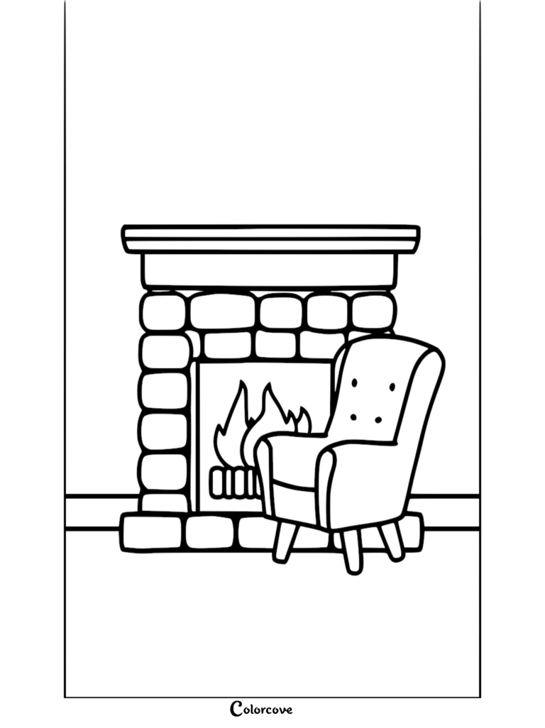 A printable coloring page featuring a rustic stone fireplace with roaring flames next to a plush, button-tufted armchair.