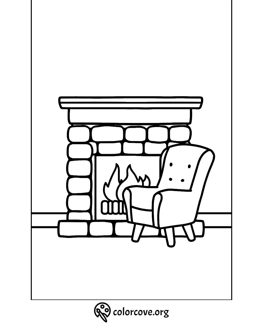 Cozy fireplace coloring page with armchair, perfect for relaxation and creativity. Printable home decor illustration.