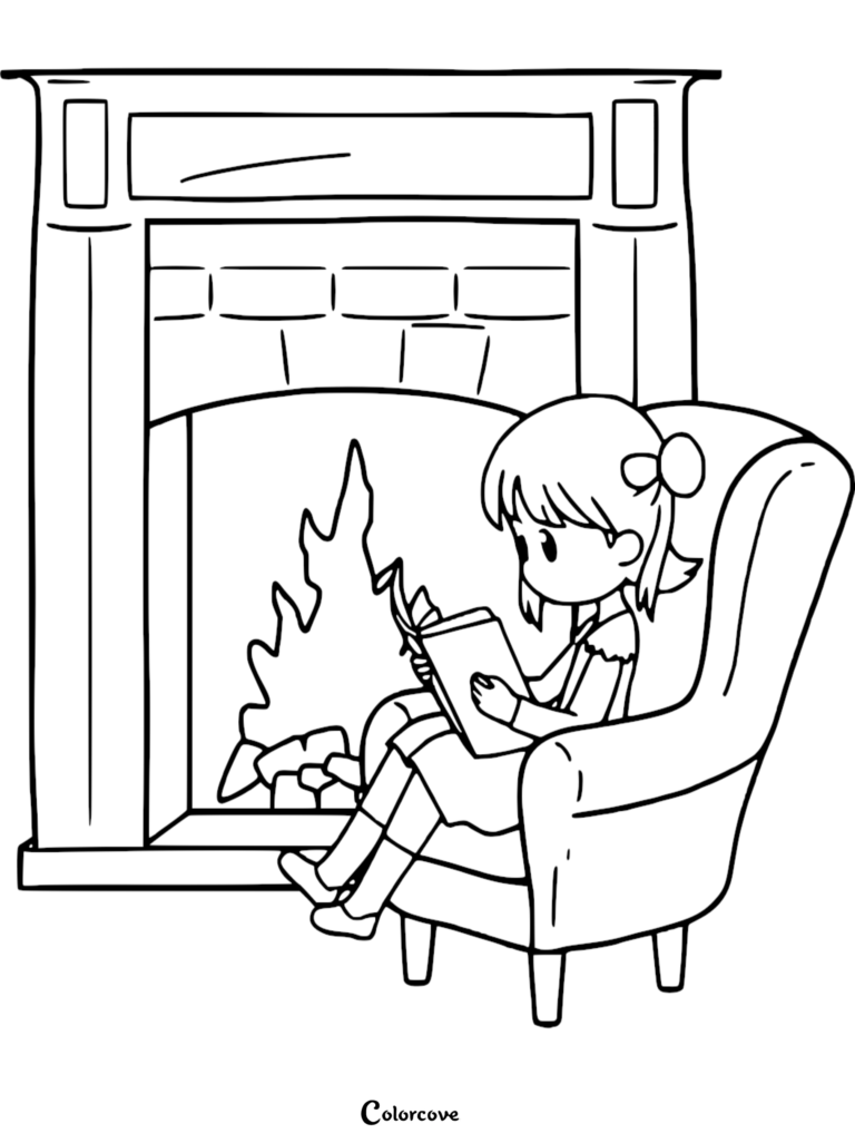 A cute anime-style girl with a hair bow sits in a comfortable armchair reading a book next to a warm, glowing fireplace in this printable coloring page.