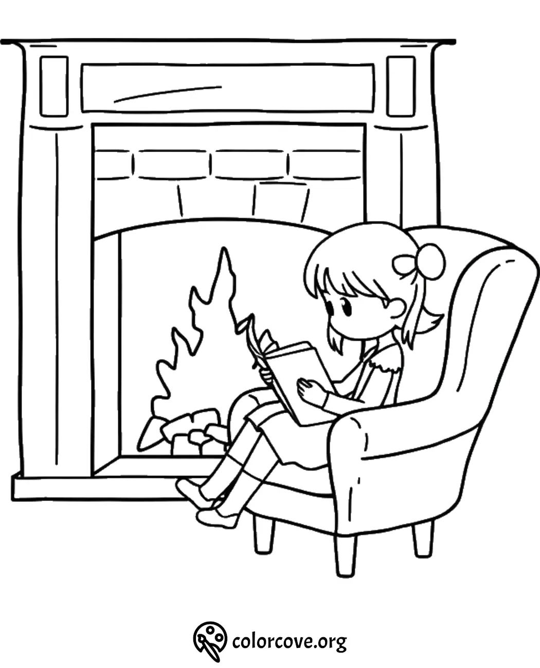 Girl reading by the fireplace coloring page for kids. Cozy indoor scene, ideal for children's creativity.